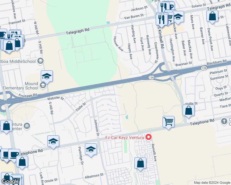 map of restaurants, bars, coffee shops, grocery stores, and more near 650 Holmes Avenue in Ventura