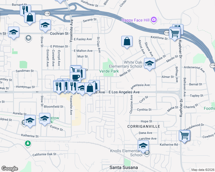 map of restaurants, bars, coffee shops, grocery stores, and more near 2006 Suede Avenue in Simi Valley