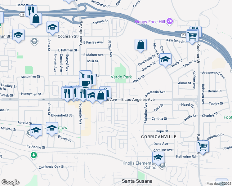 map of restaurants, bars, coffee shops, grocery stores, and more near 2005 North Avenida Refugio in Simi Valley