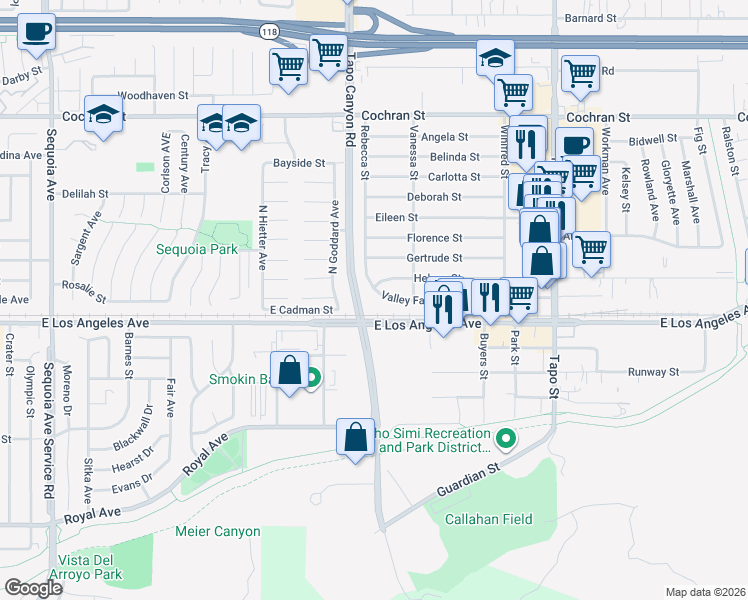 map of restaurants, bars, coffee shops, grocery stores, and more near 4064 Valley Fair Street in Simi Valley