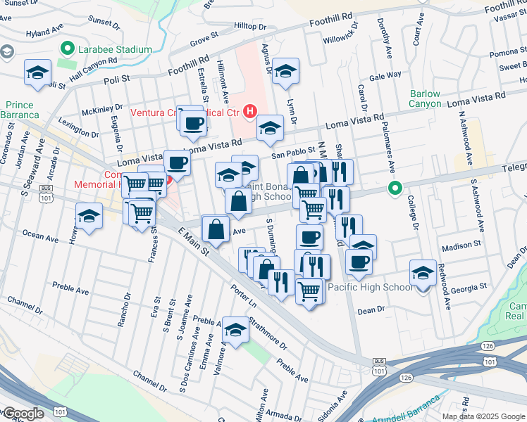map of restaurants, bars, coffee shops, grocery stores, and more near 3260 Telegraph Road in Ventura