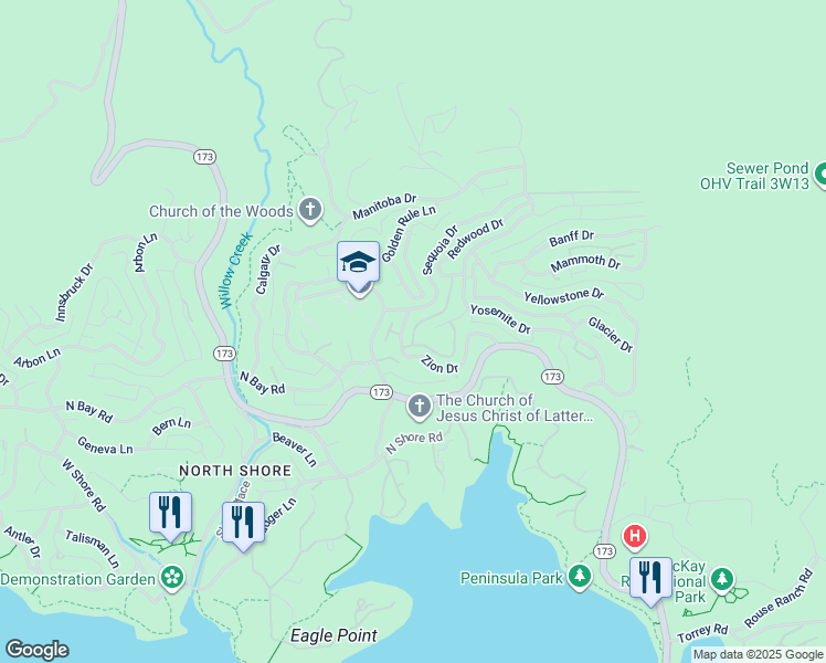 map of restaurants, bars, coffee shops, grocery stores, and more near 28662 Zion Drive in Lake Arrowhead