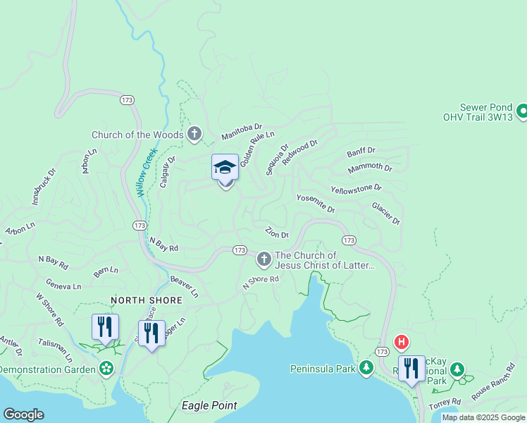 map of restaurants, bars, coffee shops, grocery stores, and more near 28710 Bryce Drive in Lake Arrowhead