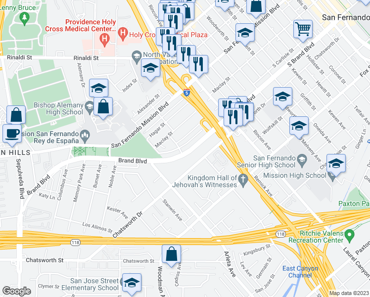 map of restaurants, bars, coffee shops, grocery stores, and more near 14675 South Brand Boulevard in Los Angeles
