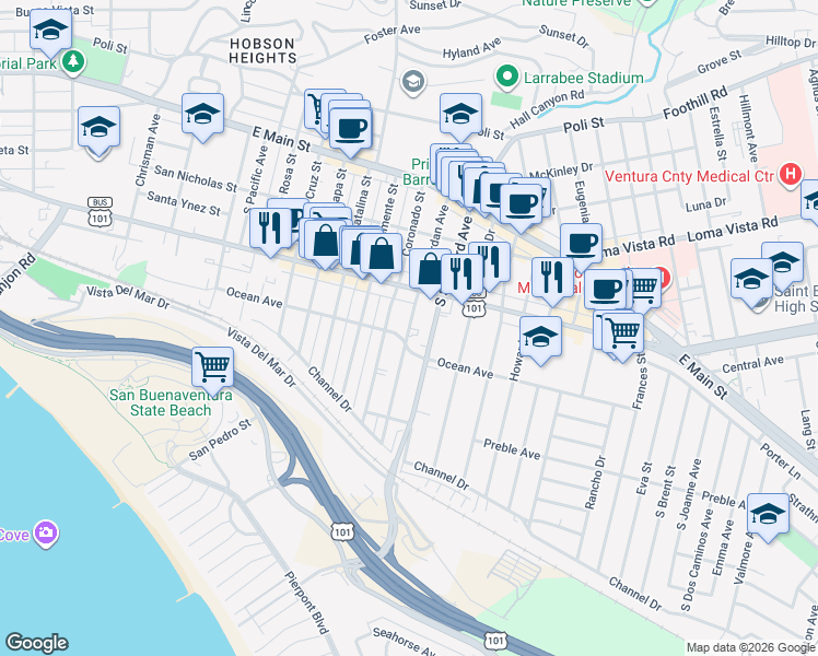 map of restaurants, bars, coffee shops, grocery stores, and more near Jordan Avenue in Ventura