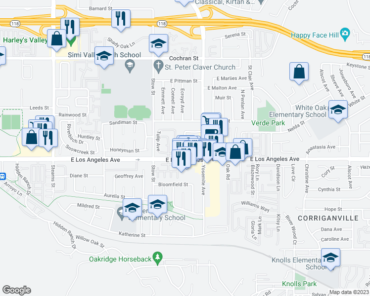 map of restaurants, bars, coffee shops, grocery stores, and more near 5769 Nutwood Circle in Simi Valley