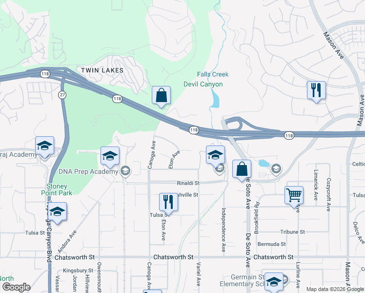 map of restaurants, bars, coffee shops, grocery stores, and more near 11101 Eton Avenue in Los Angeles