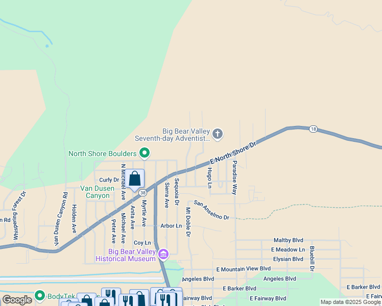 map of restaurants, bars, coffee shops, grocery stores, and more near 1104 Mount Doble Drive in Big Bear