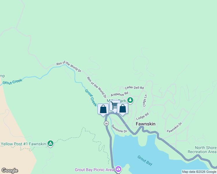 map of restaurants, bars, coffee shops, grocery stores, and more near 39152 Choctaw Drive in Fawnskin