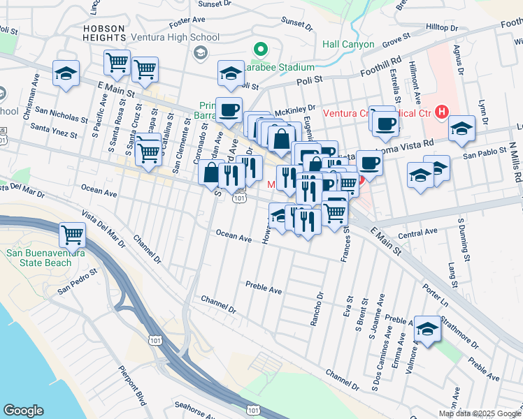 map of restaurants, bars, coffee shops, grocery stores, and more near 257 Howard Street in Ventura