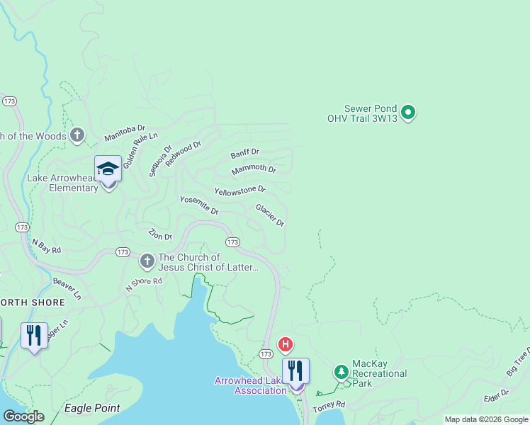 map of restaurants, bars, coffee shops, grocery stores, and more near 1248 Glacier Drive in Lake Arrowhead