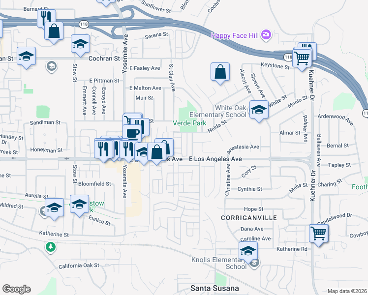 map of restaurants, bars, coffee shops, grocery stores, and more near in Santa Susana