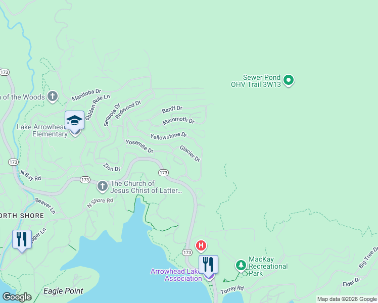 map of restaurants, bars, coffee shops, grocery stores, and more near 1248 Glacier Drive in Lake Arrowhead
