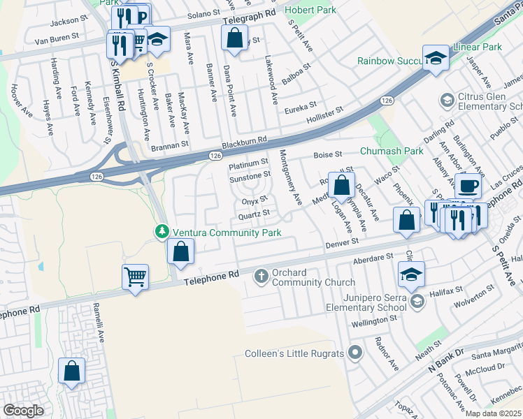 map of restaurants, bars, coffee shops, grocery stores, and more near 824 Amethyst Avenue in Ventura