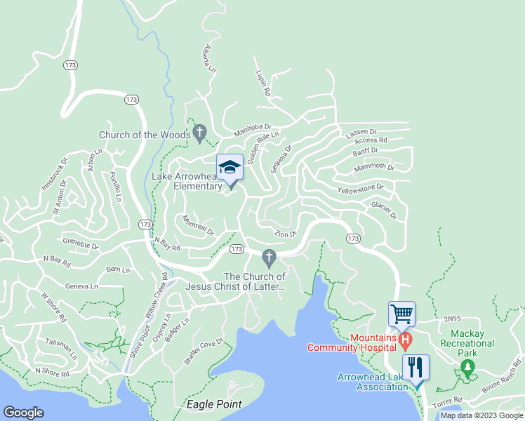 map of restaurants, bars, coffee shops, grocery stores, and more near 28662 Zion Drive in Lake Arrowhead