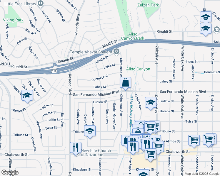 map of restaurants, bars, coffee shops, grocery stores, and more near 18209 San Fernando Mission Boulevard in Los Angeles