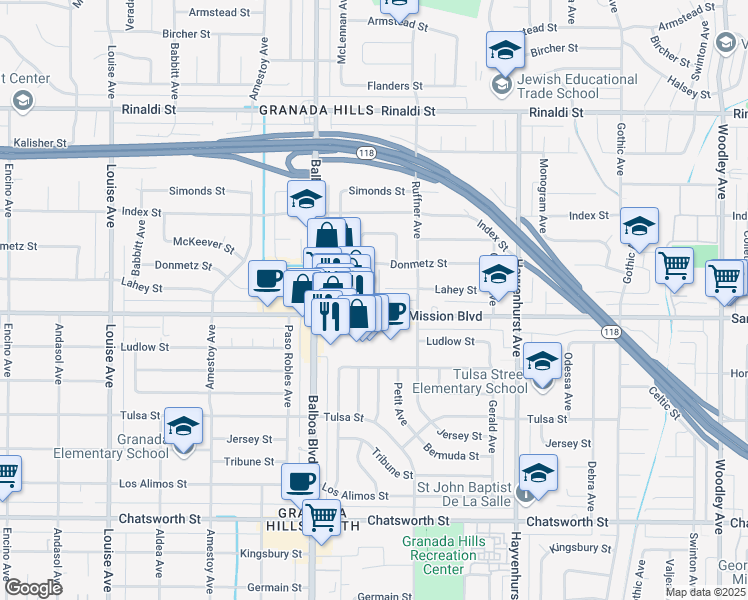 map of restaurants, bars, coffee shops, grocery stores, and more near 16857 San Fernando Mission Boulevard in Los Angeles