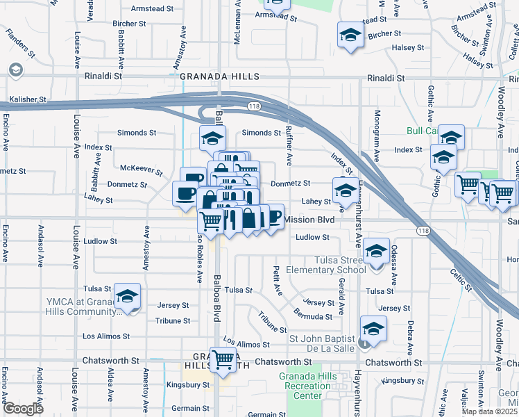 map of restaurants, bars, coffee shops, grocery stores, and more near 16857 San Fernando Mission Boulevard in Los Angeles