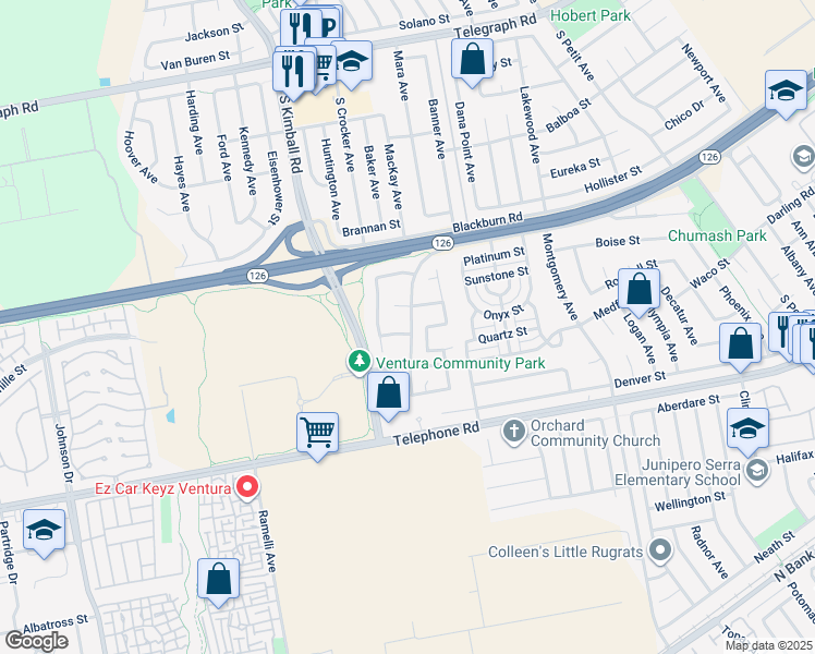 map of restaurants, bars, coffee shops, grocery stores, and more near 7979 Stone Street in Ventura