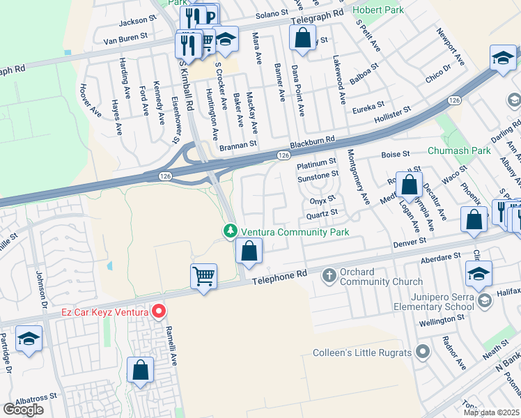 map of restaurants, bars, coffee shops, grocery stores, and more near 7979 Stone Street in Ventura