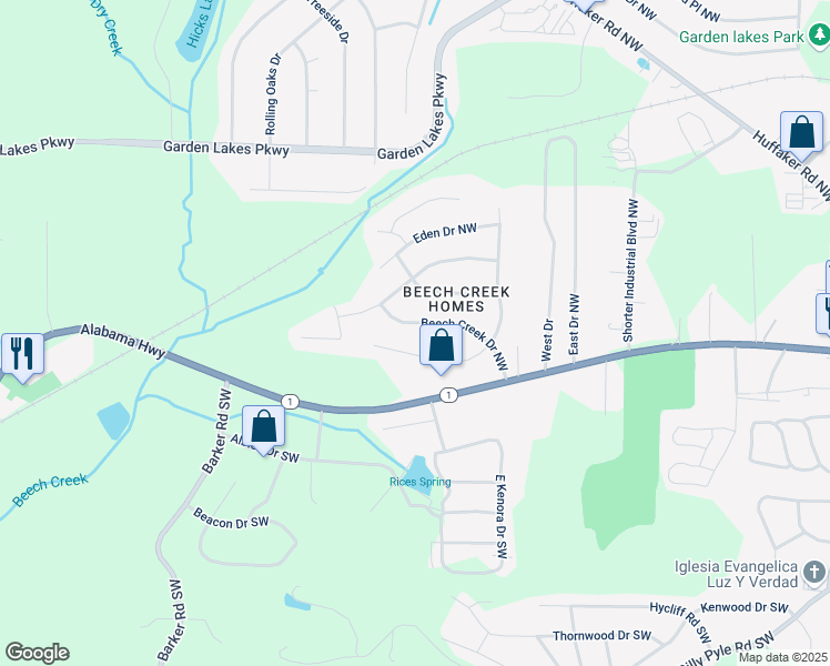 map of restaurants, bars, coffee shops, grocery stores, and more near 119 Beech Creek Drive Northwest in Rome