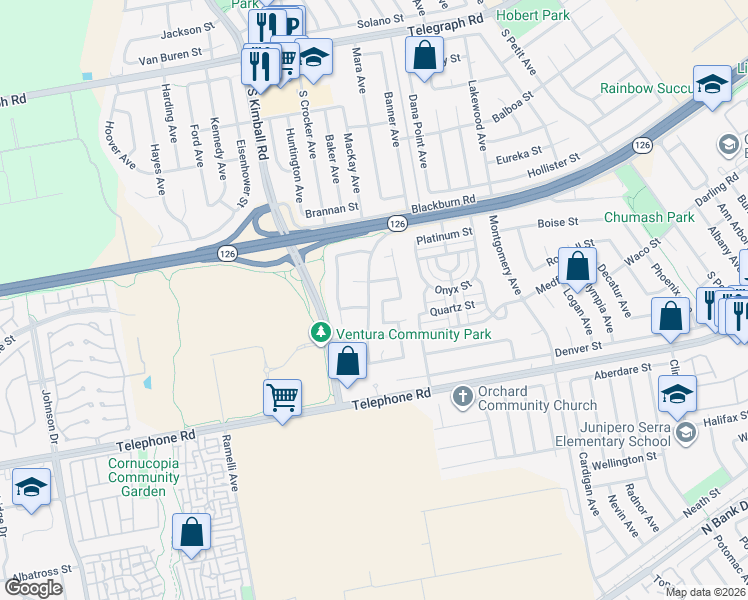 map of restaurants, bars, coffee shops, grocery stores, and more near 817 Garnet Avenue in Ventura