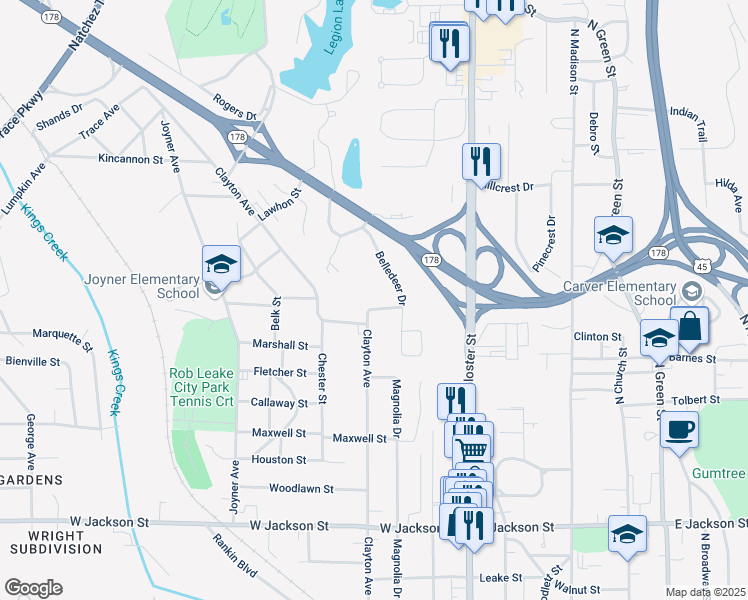 map of restaurants, bars, coffee shops, grocery stores, and more near 1000-1098 Belledeer Drive in Tupelo