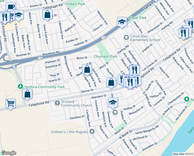 map of restaurants, bars, coffee shops, grocery stores, and more near 885 Decatur Avenue in Ventura
