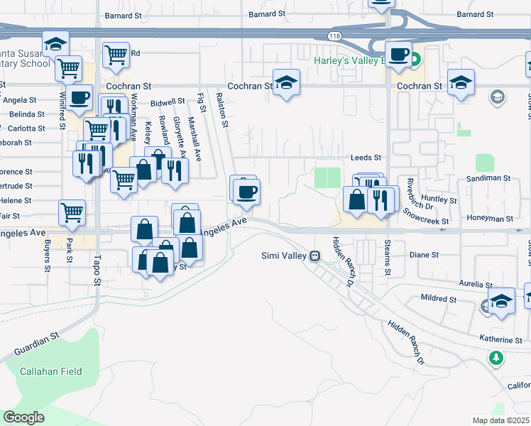 map of restaurants, bars, coffee shops, grocery stores, and more near 4871 East Los Angeles Avenue in Simi Valley
