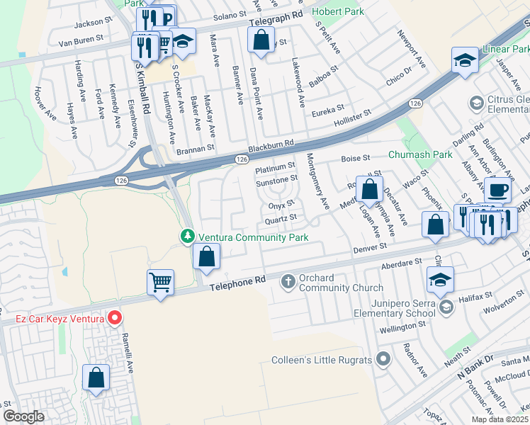 map of restaurants, bars, coffee shops, grocery stores, and more near 8122 Onyx Street in Ventura