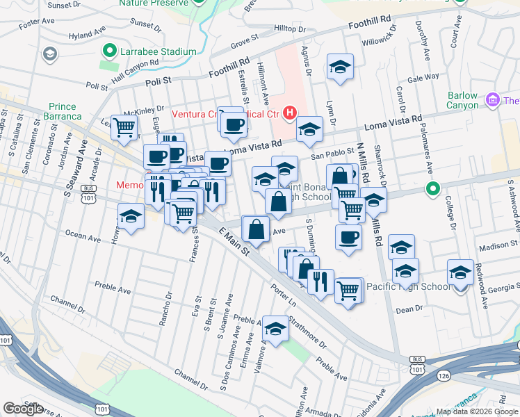 map of restaurants, bars, coffee shops, grocery stores, and more near 3114 Telegraph Road in Ventura