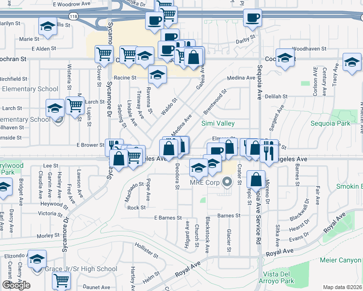 map of restaurants, bars, coffee shops, grocery stores, and more near 3034 Hilldale Avenue in Simi Valley