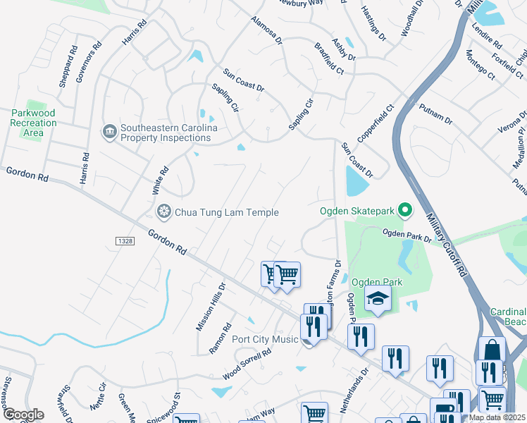 map of restaurants, bars, coffee shops, grocery stores, and more near 1927 Gordon Acres Drive in Wilmington
