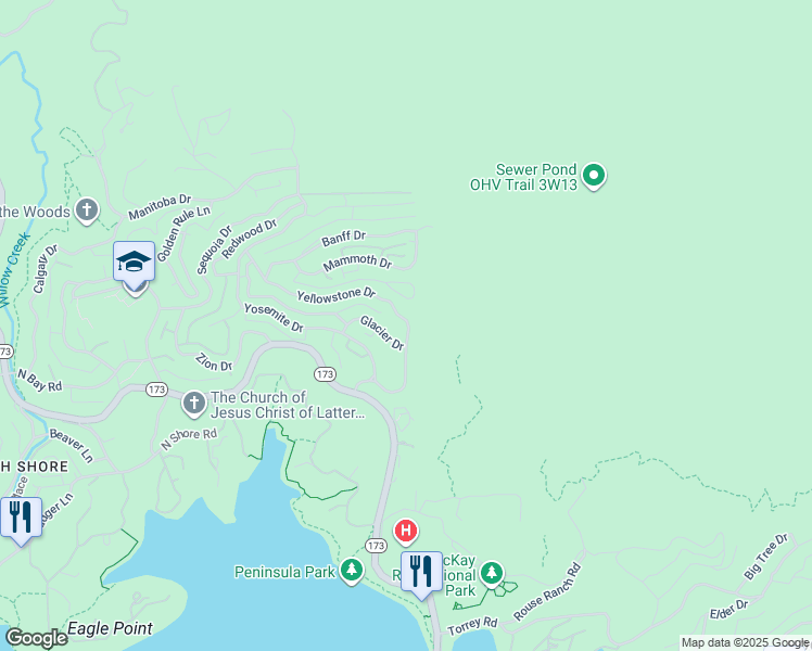map of restaurants, bars, coffee shops, grocery stores, and more near 1358 Yellowstone Drive in Lake Arrowhead