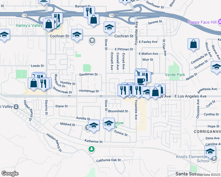 map of restaurants, bars, coffee shops, grocery stores, and more near 2024 Tulip Avenue in Simi Valley