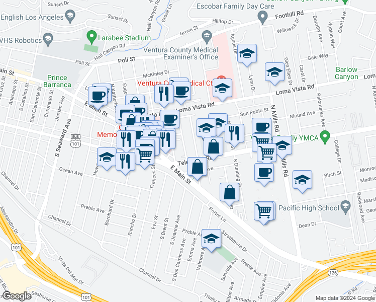 map of restaurants, bars, coffee shops, grocery stores, and more near 42 North Joanne Avenue in Ventura