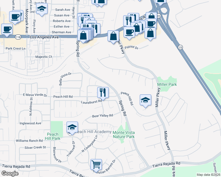 map of restaurants, bars, coffee shops, grocery stores, and more near 4542 Skidmore Court in Moorpark