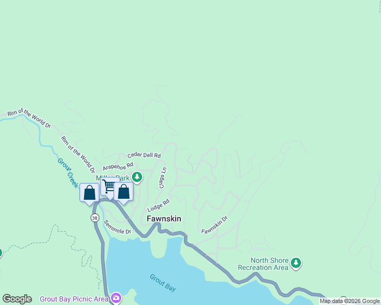 map of restaurants, bars, coffee shops, grocery stores, and more near 1274 Piney Ridge Place in Fawnskin