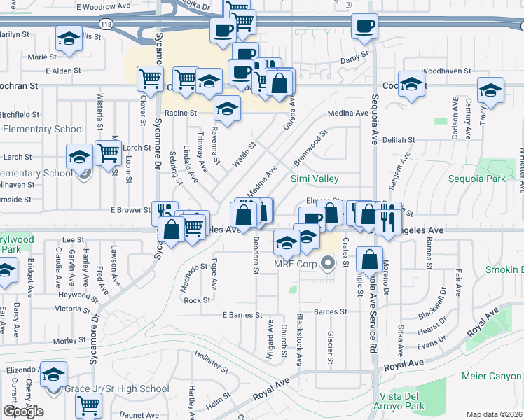 map of restaurants, bars, coffee shops, grocery stores, and more near 3034 Hilldale Avenue in Simi Valley