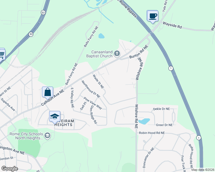map of restaurants, bars, coffee shops, grocery stores, and more near 136 Highlander Trail Southwest in Rome