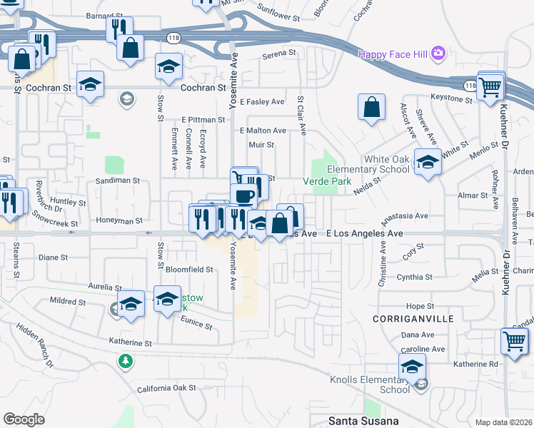 map of restaurants, bars, coffee shops, grocery stores, and more near 2033 Calle La Sombra in Simi Valley