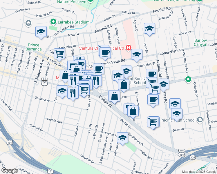 map of restaurants, bars, coffee shops, grocery stores, and more near 2919 Telegraph Road in Ventura