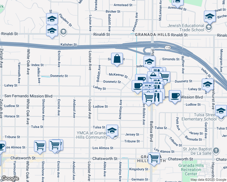 map of restaurants, bars, coffee shops, grocery stores, and more near 17172 Lahey Street in Granada Hills