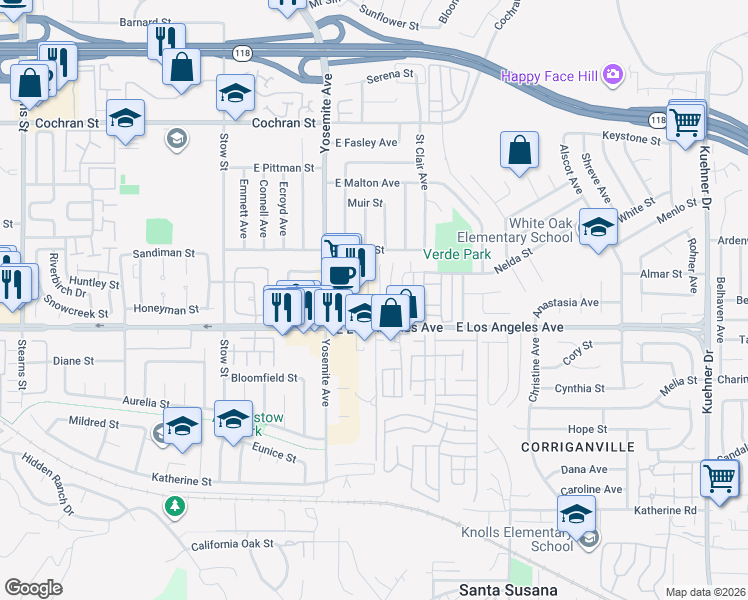 map of restaurants, bars, coffee shops, grocery stores, and more near 2033 Calle La Sombra in Simi Valley