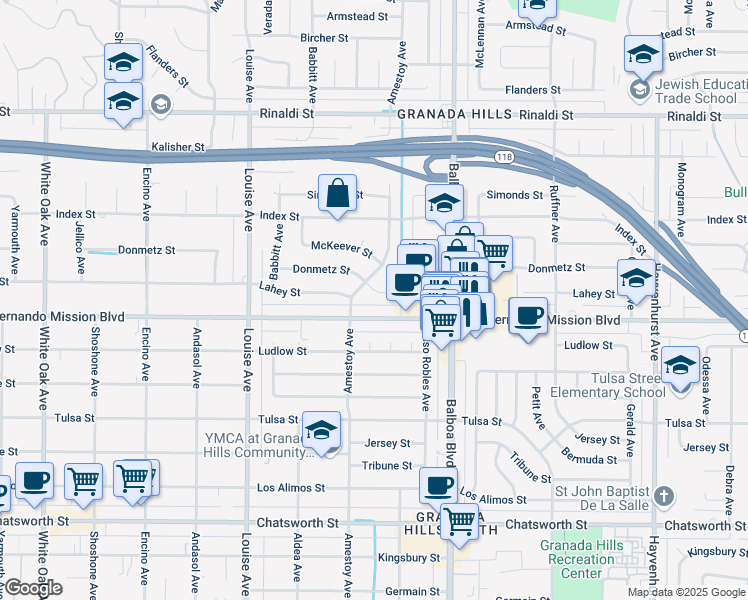 map of restaurants, bars, coffee shops, grocery stores, and more near 17106 Donmetz Street in Los Angeles