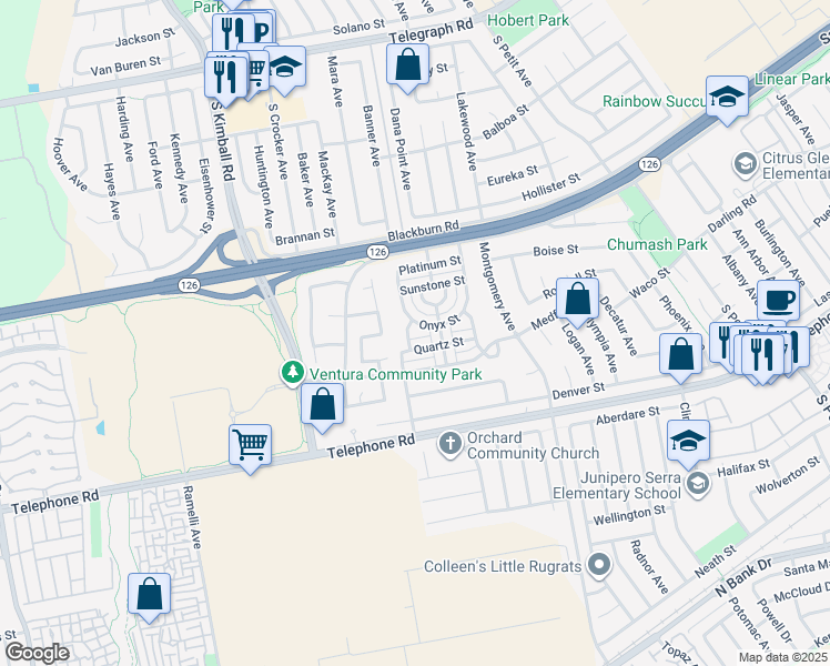 map of restaurants, bars, coffee shops, grocery stores, and more near 8124 Onyx Street in Ventura