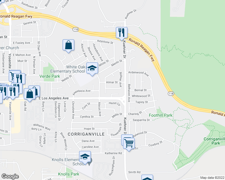map of restaurants, bars, coffee shops, grocery stores, and more near 6446 East Sibley Street in Simi Valley