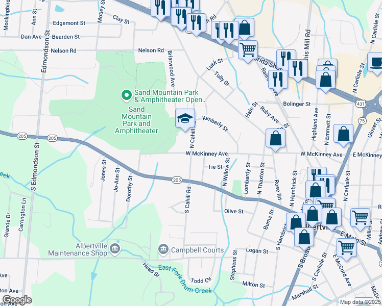map of restaurants, bars, coffee shops, grocery stores, and more near 901 West McKinney Avenue in Albertville