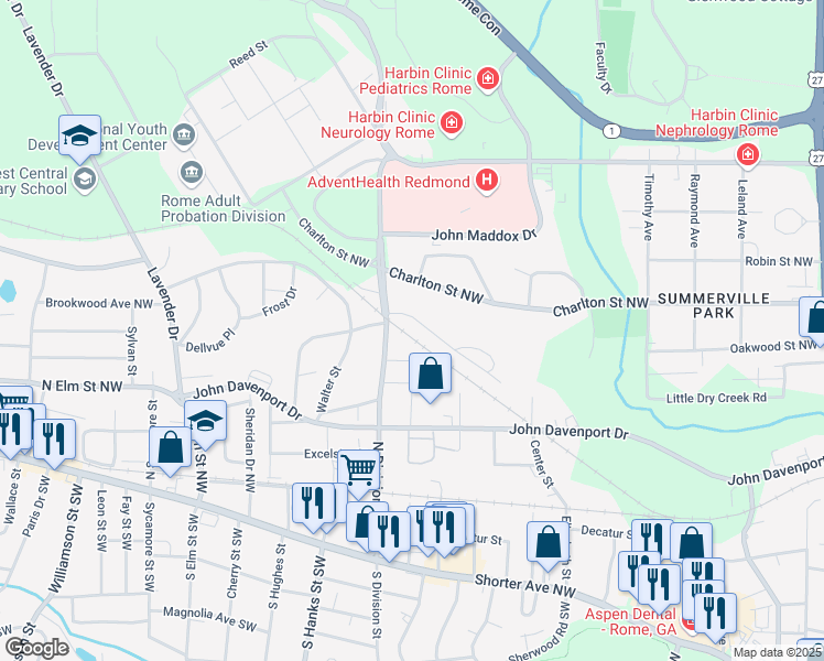 map of restaurants, bars, coffee shops, grocery stores, and more near 588 North Division Street Northwest in Rome
