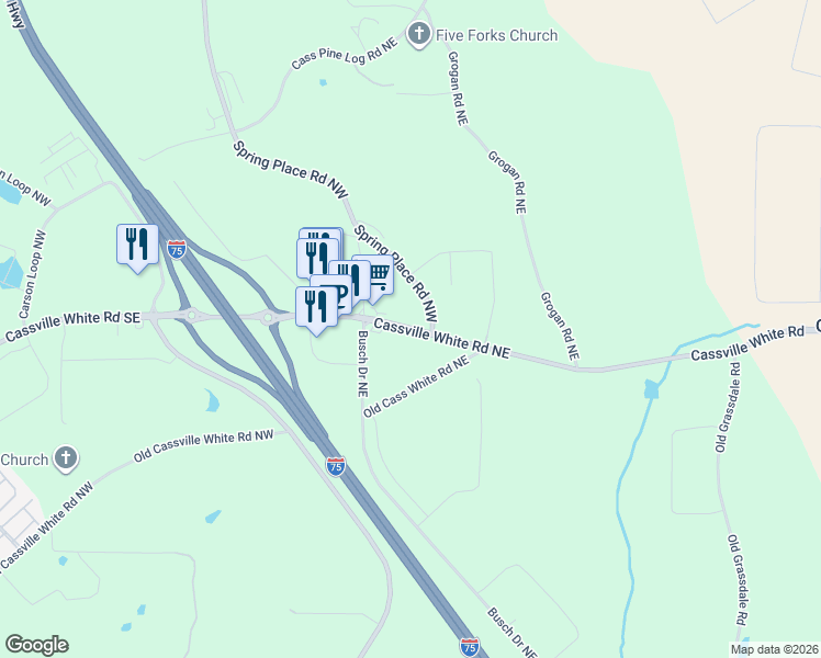 map of restaurants, bars, coffee shops, grocery stores, and more near 641 Cassville White Road Northwest in Cartersville